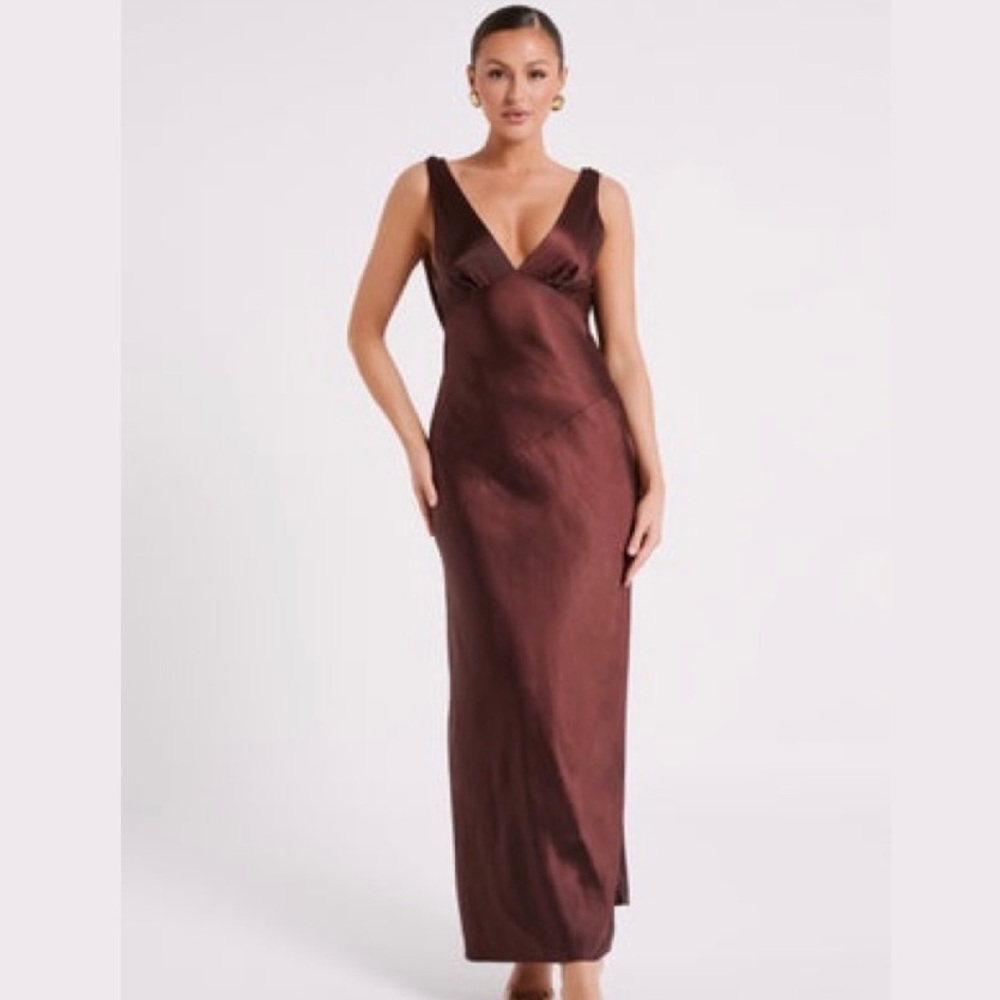 Meshki Nadine Maxi Satin Dress with Back Cowl in Chocolate Brown